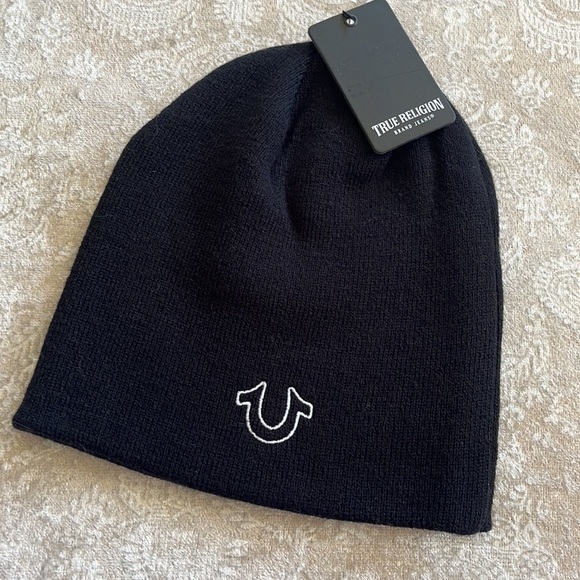 Brand New True Religion Black Embroidered White Logo Knit Beanie Cap Stretch Hat - Picture 1 of 10